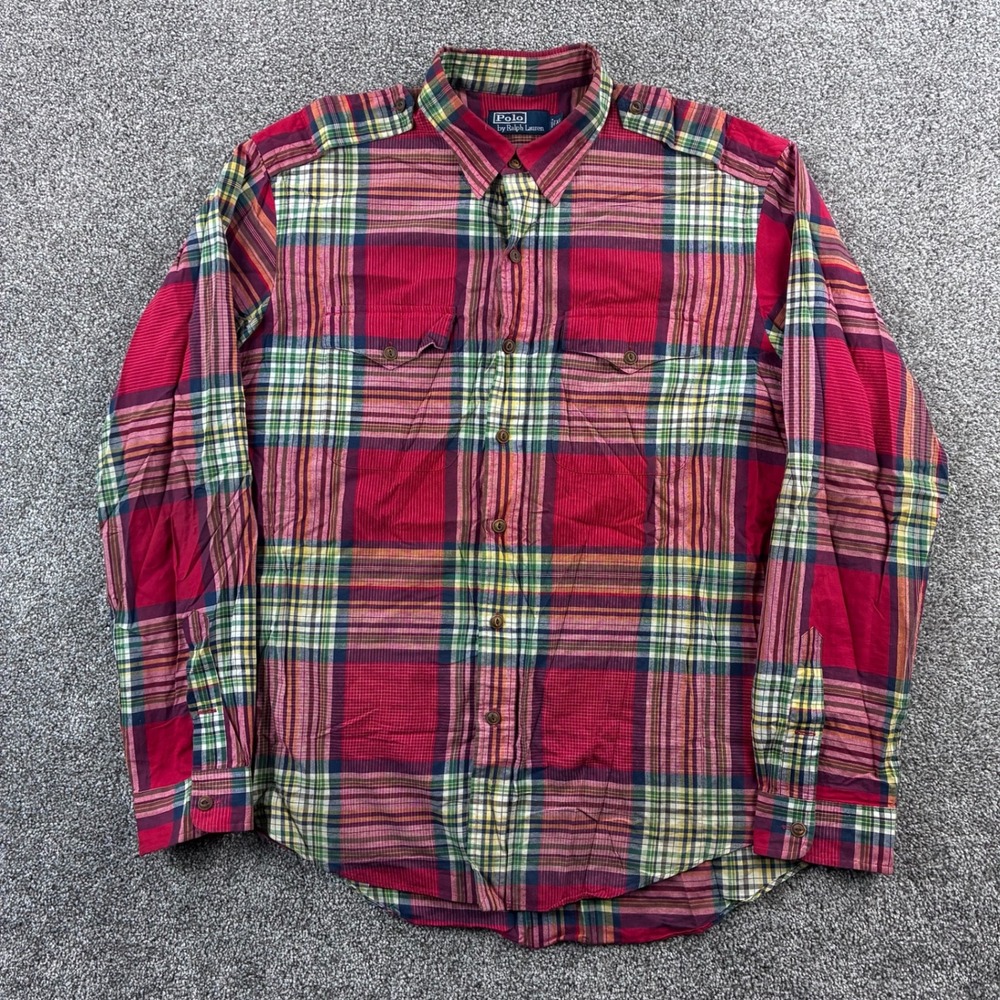 Vintage Polo Ralph Lauren Shirt Mens XL Red Madras Plaid Plaid Button Epaulets